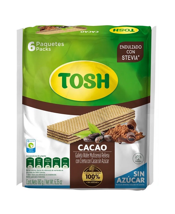 Galletas Tosh 180 grs wafer cacao 6 pqt sin azúcar