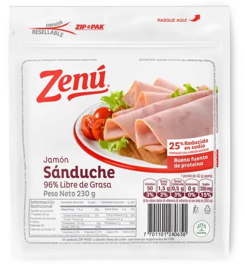 Jamón Zenú 230 grs sandwich