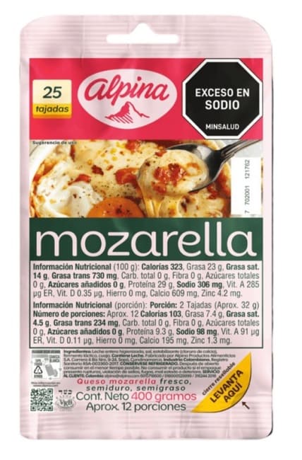 Queso Alpina 400 grs mozarella 25 tajadas